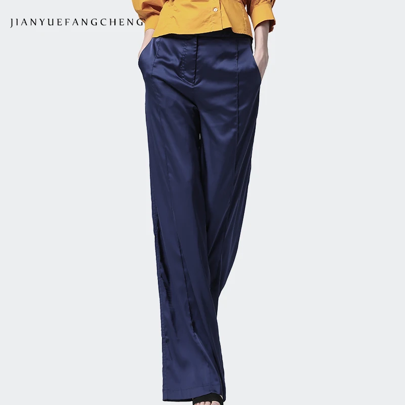 

2019 Summer Women' Soft Satin Pants Trousers High Waist Wide Leg Pocketed Pleated Casual Streetwear Dress Pants For Women