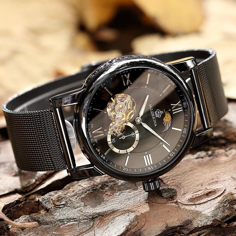 

Men's Mechanical Business Moon Face Watch Automatic Waterproof 30m Leather Watches 2018 New Wristwatch Luminous Hands Clock Men