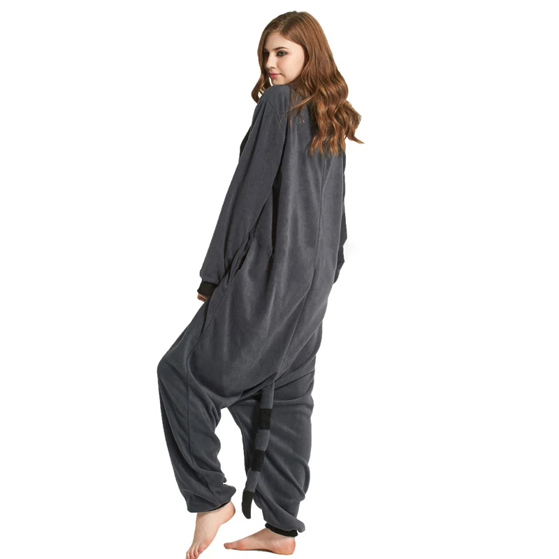 Funny Gray Black Raccoon Kigurumi For Adults Polar Fleece Pajamas Women Onesie Winter Sleepwear Men Night-Suit Halloween Cosplay (4)