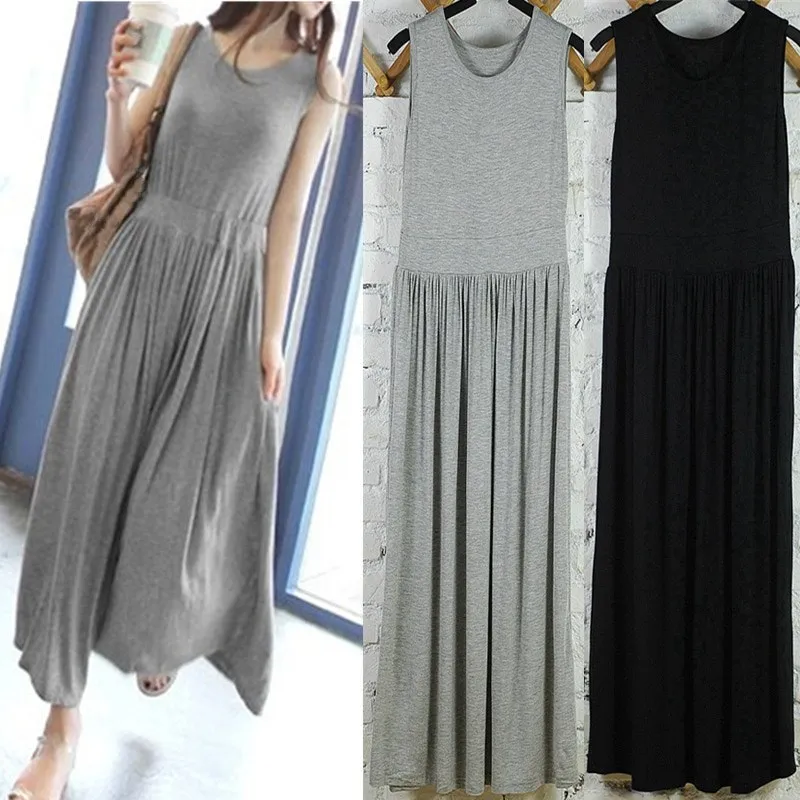 

2019 Summer Women Sleeveless Beach Dress Draped Loose Pleated Dress Solid Maxi Dress Robe Femme