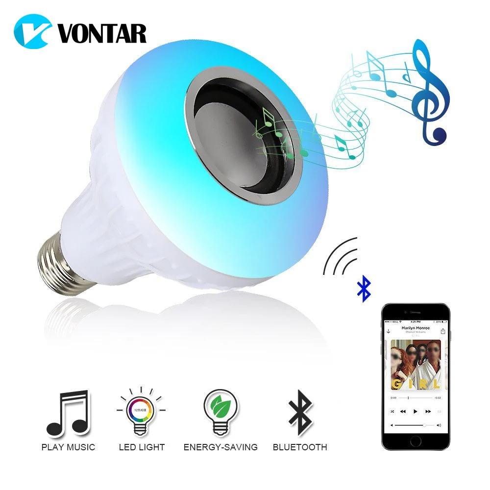 VONTAR E27 B22 беспроводной Bluetooth динамик+ 12 Вт RGB светодиодный светильник 110 В 220 В умный светодиодный светильник музыкальный плеер аудио с пультом дистанционного управления