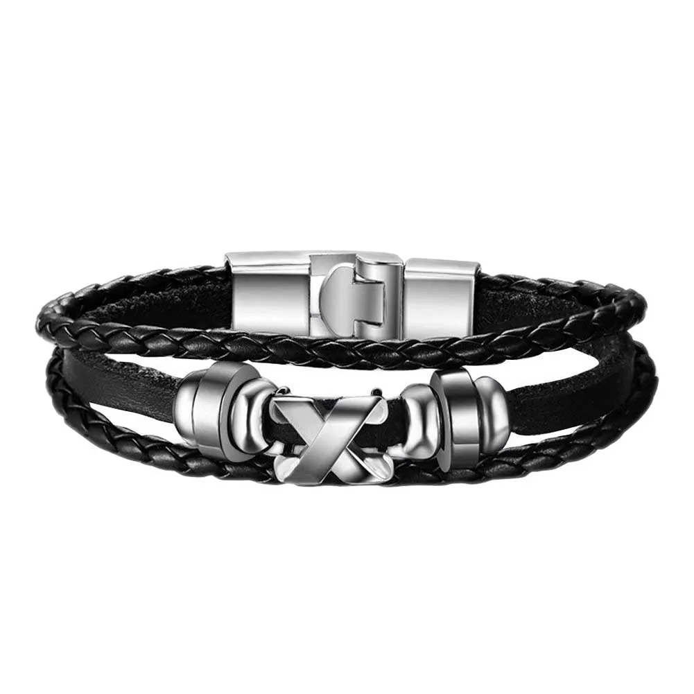 

Men's Leather Bracelet with Stainless Steel Beads Black and Silver