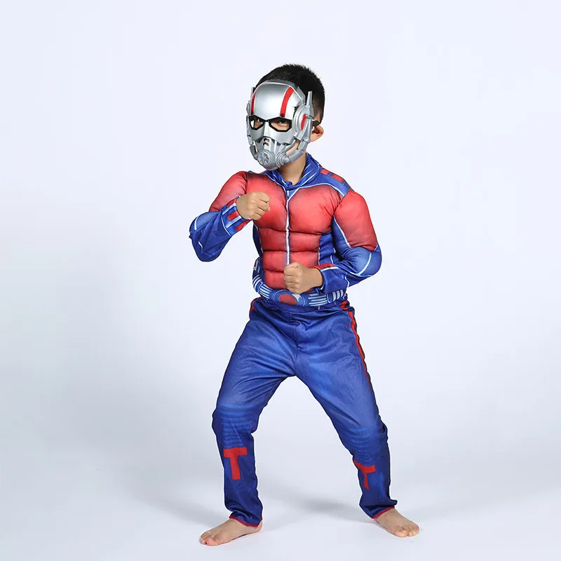  Kids Purim Superhero Costume Cosplay Fashion Movie Muscle Ant Man Comic Cosplay Child Boys Party Avengers Muscle Jumpsuit