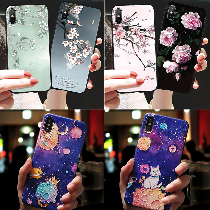 

3D Embossed Floral Cats Case For iPhone 7 8 6 6S Plus 5 5S X XS XR XS Max TPU For Motorola Moto G6 Play E5 E4 G5 G5S Plus Covers