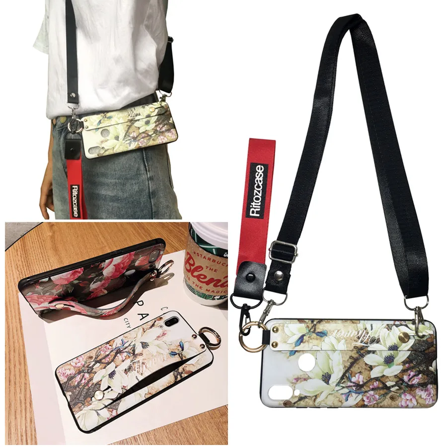 

3d rose flower wristband shoulder strap tpu case for huawei mate 20 10 pro honor 10 P30 P20 pro lite nova 4 3 3i case cover capa