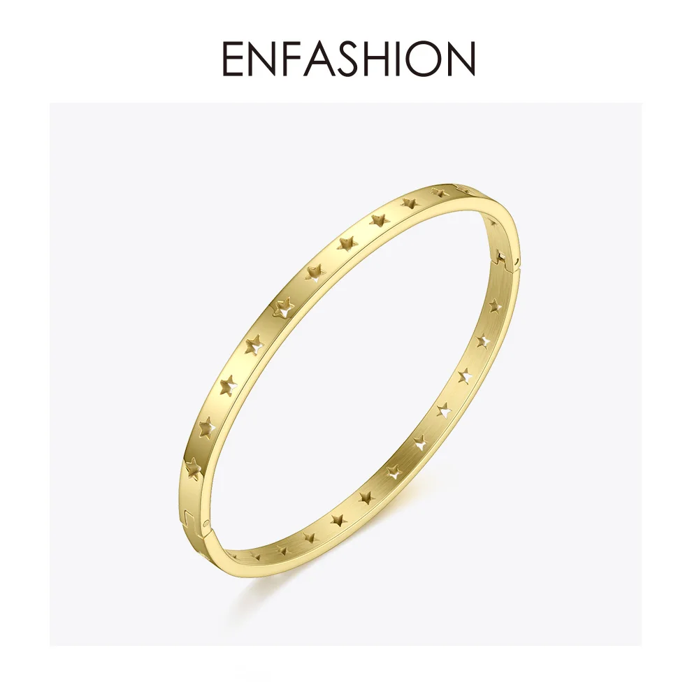 Baratos Pulseras y brazaletes de estrellas huecas enmoda para mujer pulseras de acero inoxidable de Color dorado para mujer Regalos para amigos joyería BM192011