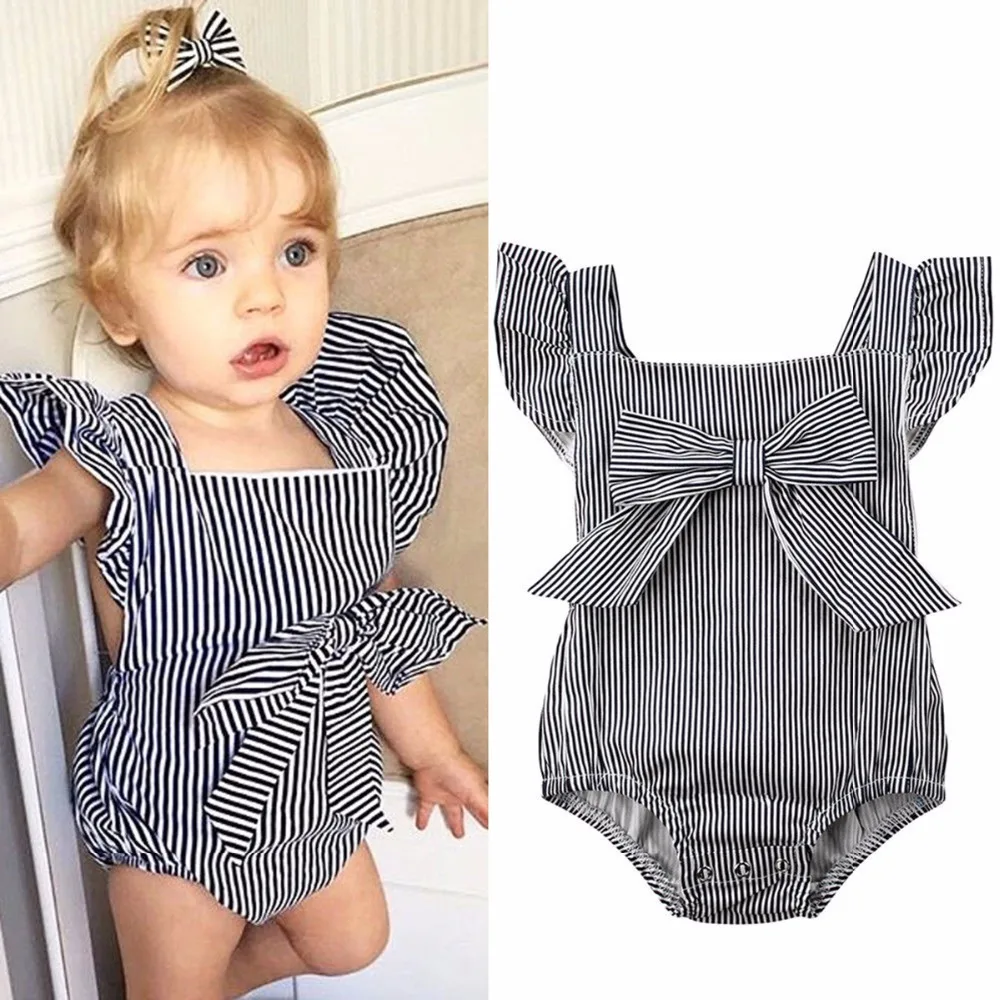 Puseky 0 24M Infant Newborn Baby Girl Striped Bowknot Frilled Sleeve