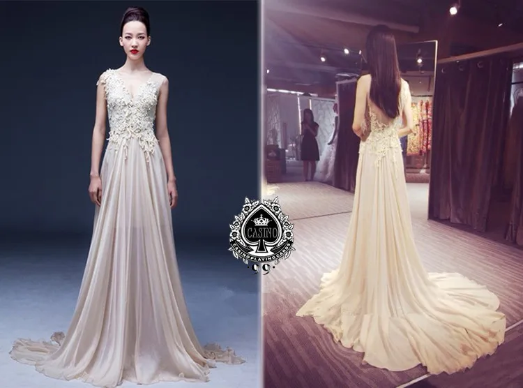 

vestidos Floor Length lace appliques v-neck Evening Dresses 2015 hot sexy long a-line chiffon prom gown Formal Evening dress
