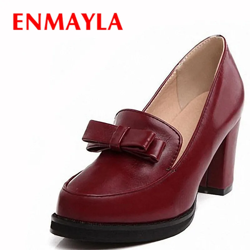 

ENMAYER Round Toe Fashion heels shoes for women 2015 new shoes big size 34-47 high heels Platform pumps bow casual women pumps