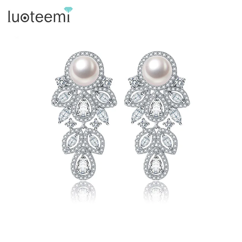 LUOTEEMI ювелирные изделия, белое золото, винтажный CZ Кристалл, Ретро стиль, имитация жемчуга, свисающие свадебные серьги-гвоздики для женщин, подарок