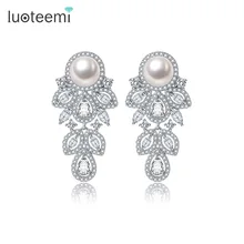 LUOTEEMI ювелирные изделия, белое золото, винтажный CZ Кристалл, Ретро стиль, имитация жемчуга, свисающие свадебные серьги-гвоздики для женщин, подарок
