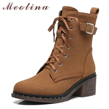 

Meotina Women Ankle Boots Autumn Natural Genuine Leather Block Heel Short Boots Buckle Round Toe Shoes Ladies Winter Big Size 43