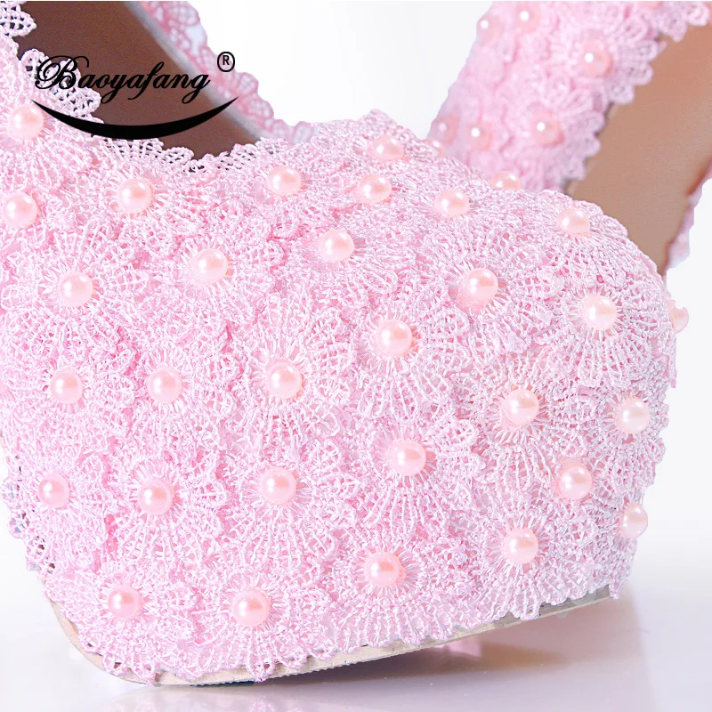BaoYaFang Pink Flower Lace Wedding shoes Lace-Up ankle strap High shoes High heels Platform shoes woman party dress shoe