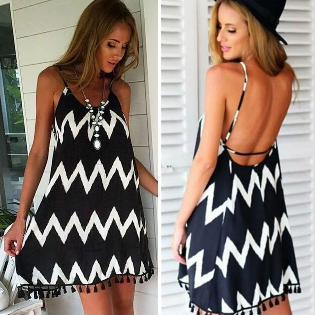 women Sexy Wavy stripe Loose dress backless stripe party club beach dress plus size with tassel