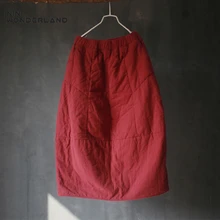 NINI WONDERLAND зимние Утепленные хлопковые винтажные юбки с бутонами женские юбки до середины икры с эластичной резинкой на талии