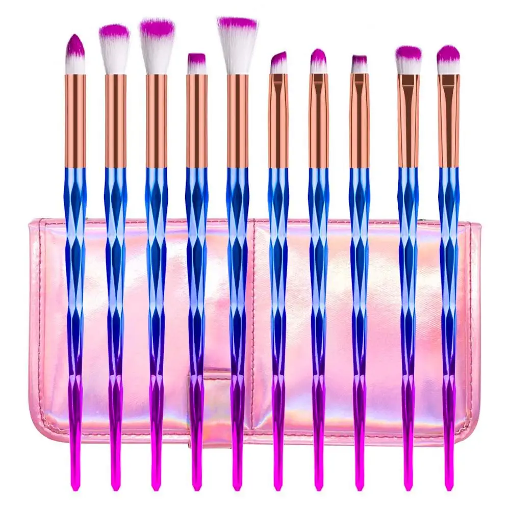 SALIYOO 10 шт., набор кистей для макияжа с бриллиантами, тени для век, подводка для глаз, кисть для растушевки лица, косметический инструмент+ розовый чехол-сумочка - Handle Color: Purple with Bag