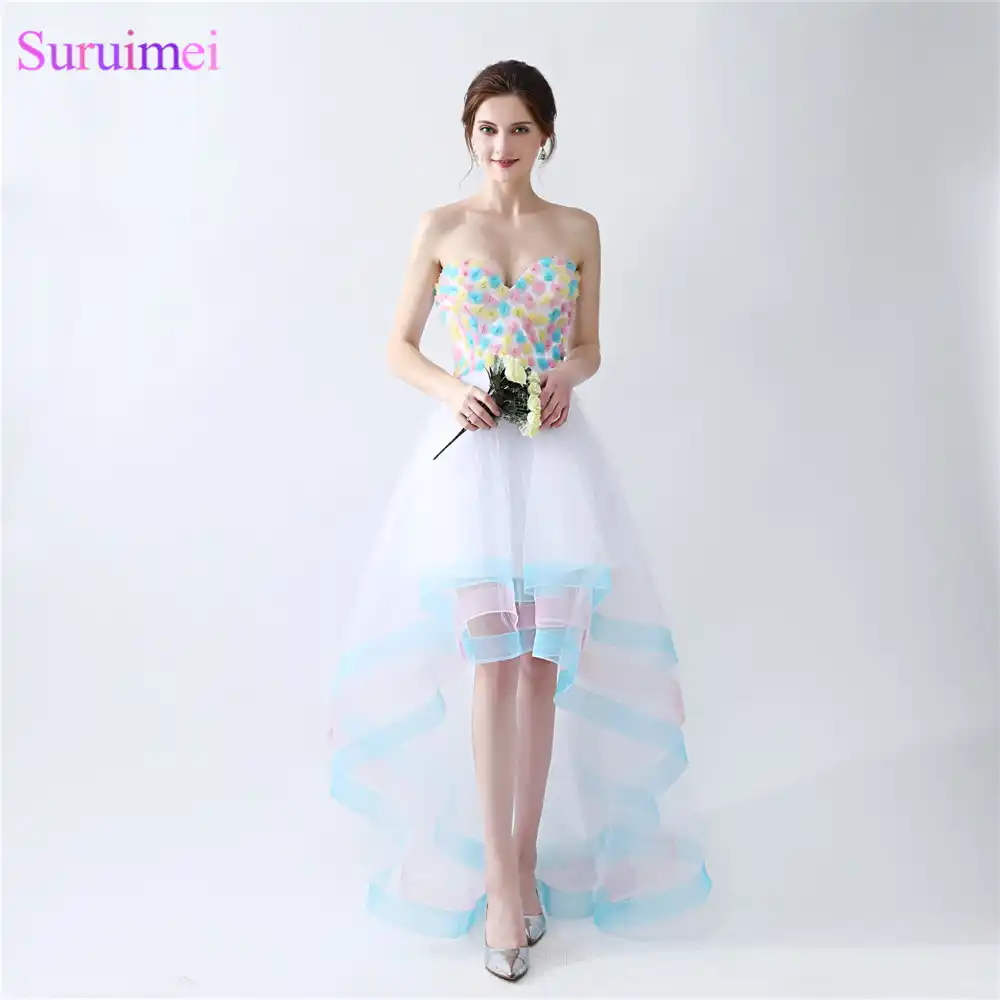 カラフルな女の子のウェディングドレスオーガンザの恋人手作りの花虹短いフロント長いバックウエディングドレス Aliexpress