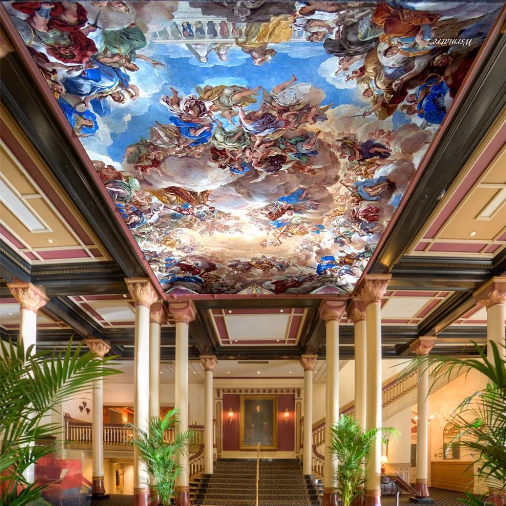Personalizado Grande 3d Murais de Teto Papel Parede Estilo Europeu Retro Hotel Lobby Sala Estar Decoração Anjo Foto Teto