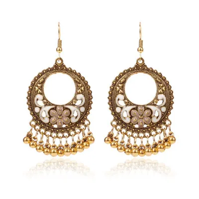 Indian Fashion Jewelry Geometric Round Earrings Antique Gold Color Metal Beads Tassel Dangle Earrings Long Dangling Earrings