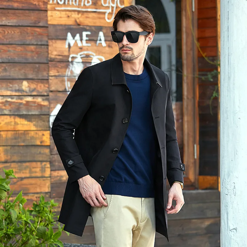 

New Spring Autumn Men Popular Trench Windbreaker Men Long Slim Korean Handsome Logo Fashion Lapel Collar British Casual Coat