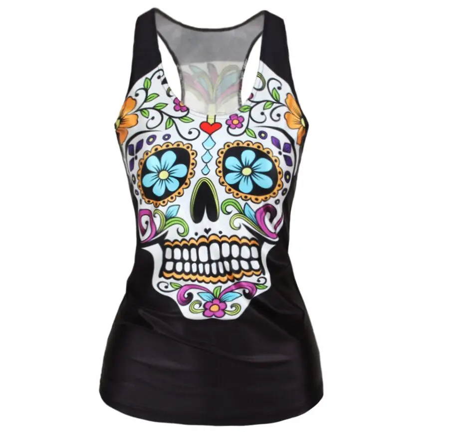 Compression Sports Tank Tops Running Vest Female Skull Printed Yoga Gym Tops Fitness Sleeveless 