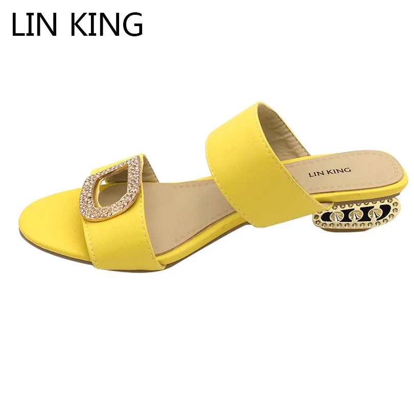

LIN KING Fashion Big Size Women Summer Slippers Solid Pu Woman Slides Lady Rhinestone Bohemia Shoes Square Heel Girl Slippers