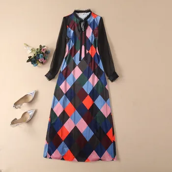 

Women Maxi Dress 2019 High Quality Runway Bow Long Sleeve Velvet Printed long Dress Casual Dresses NP0261MF