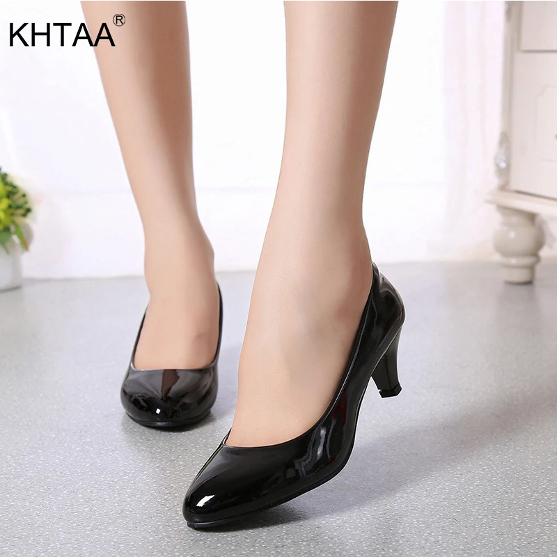 

KHTAA Women Patent Leather Spike Heel Autumn 2018 Pumps Ladies Slip On Middle Heels Female Fashion Elegant Office Career Shoes