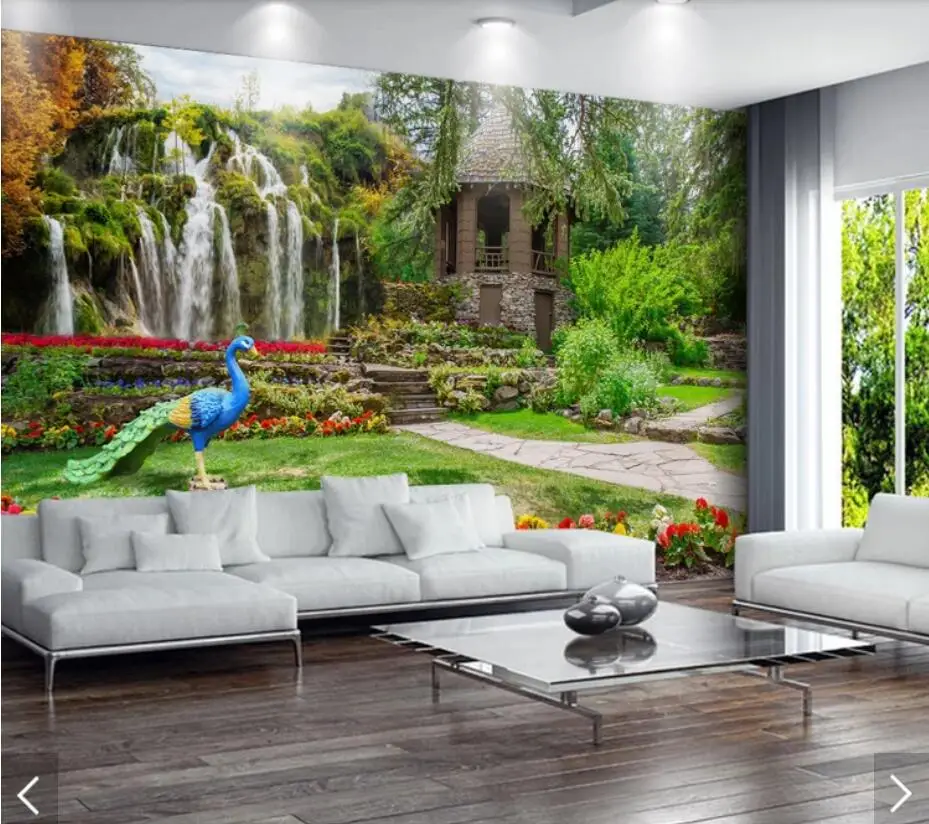 3 d Green Nature Peacock Waterfall Wallpaper Murals for Living Room