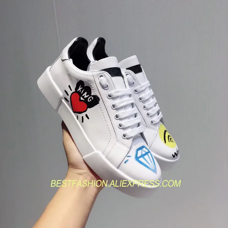 

New 2018 Shoes Woman Spring Summer Lace Up Leather Shallow Casual White Flats Hot Designer Graffiti Cozy Flats Tide Woman Flats