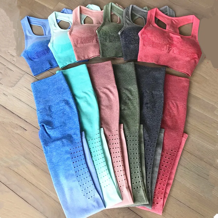 Goedkoop Vrouwen Ombre Naadloze Gym Fitness Pak Beha Leggings Hoge Taille Yoga Sets Running Tights Scrunch Butt Running Sport Pak Trainingspak