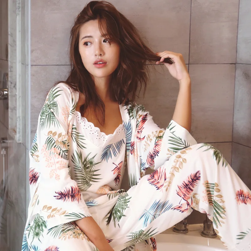 Pajama Set Women 3 Piece Spring Autumn Home Style Sleep Set