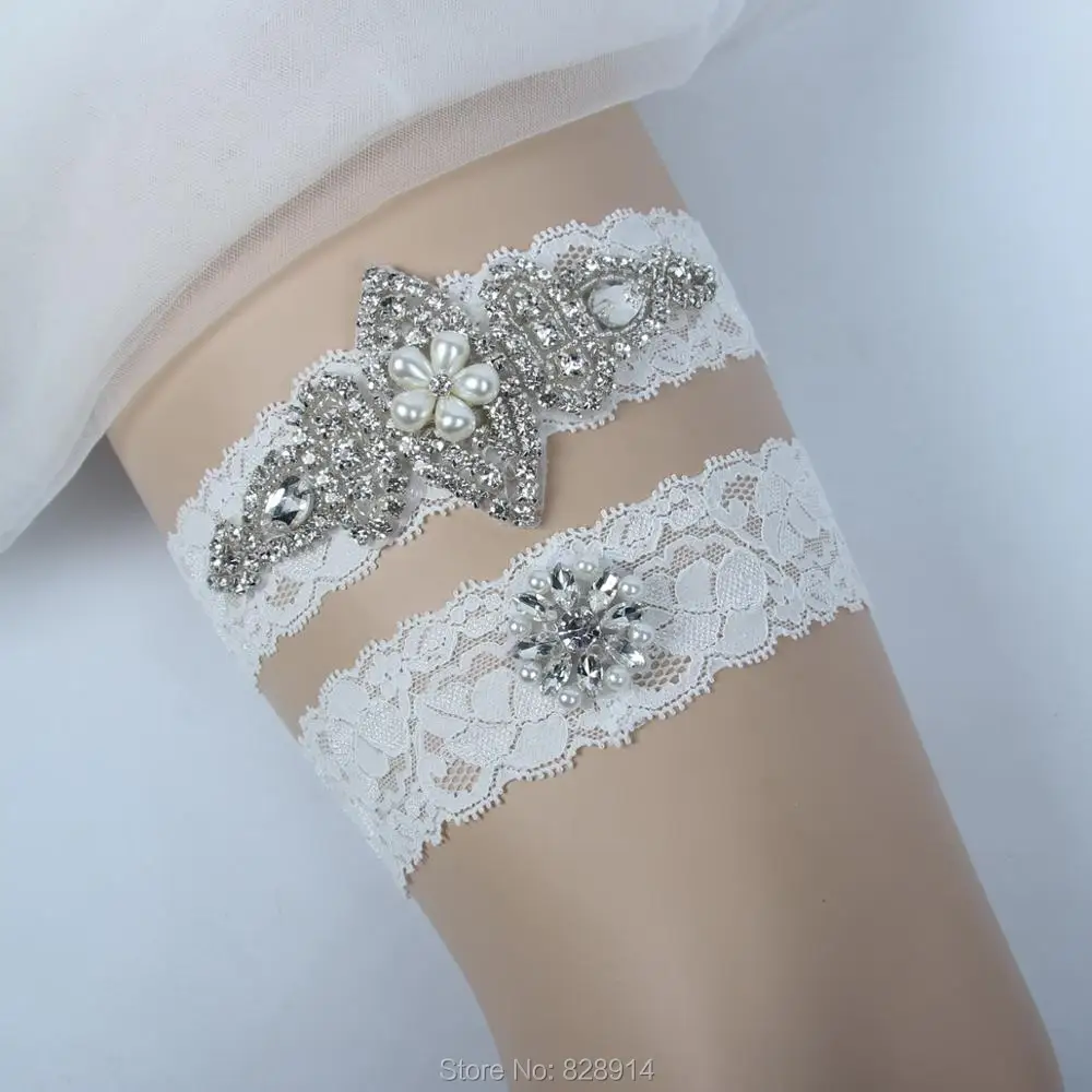 Factory Wholesale Sexy Stretched Lace Crystal Applique Wedding Garter Belt Set Bridal Leg Garter Belt With Bow Handmade