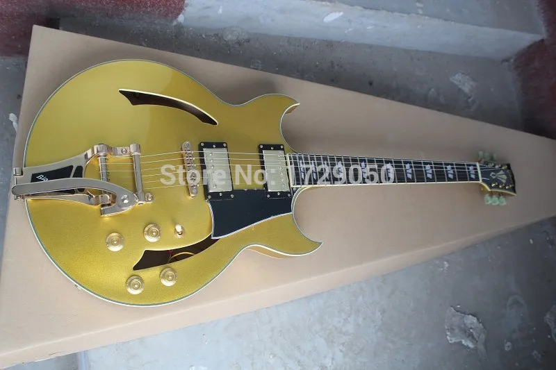 

2017 Chinese Factory Custom new High Quality Custom Semi Hollow Golden Jazz Electric Guitar with Bigsby Free Shipping 917