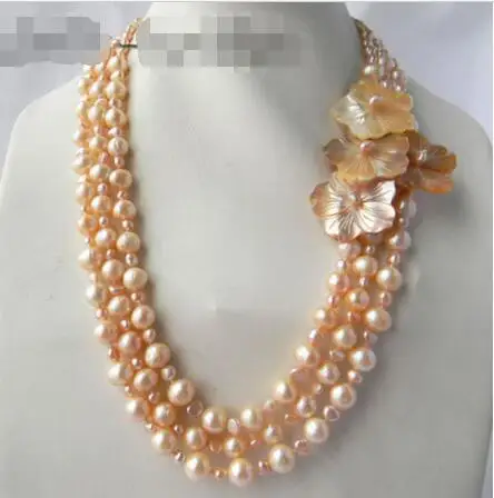 

Free Shipping >> 3Strands 21'' 10mm Pink Round Freshwater Pearl Shell Flower Necklace