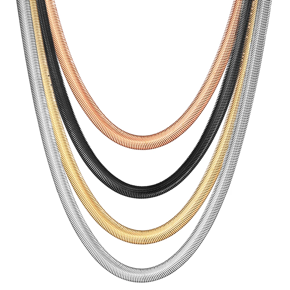 

6mm Flat Snake Chain Necklace Womens Men's Silver Gold Black Color Jewelry Stainless Steel Herringbone Chain 20/24/28inch