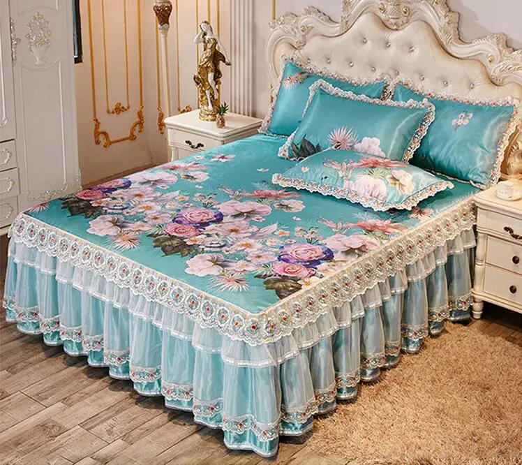 High quality luxury 3pcs summer cool bed mat lace skirted bed sheet ice bedspreads quality bed cover machine wash free shipping - Цвет: Style 5