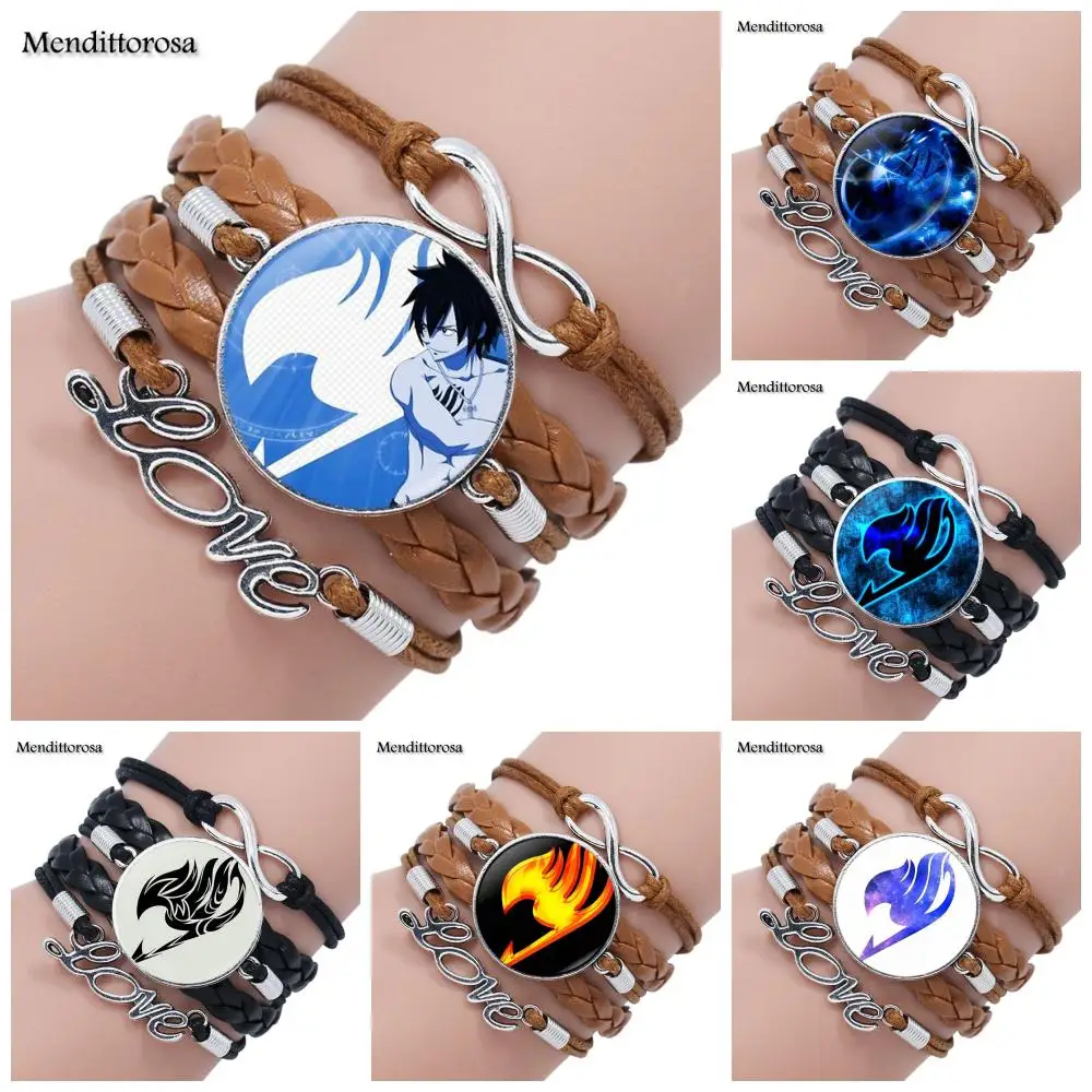 

Mendittorosa New Brand Jewelry With Glass Cabochon Multilayer Black/Brown Leather Bracelet Bangle For Women Paper Fairy Tail