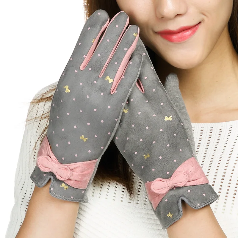 REALBY Winter Gloves Women hiver Elegant Bow Print Thick Hand Warmer