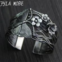 Fyla Mode Europe Selling 925 Thai Silver Hollow Opening Bracelet Geometry Butterfly Flowers Bracelets Bangle 40mm Width 56G