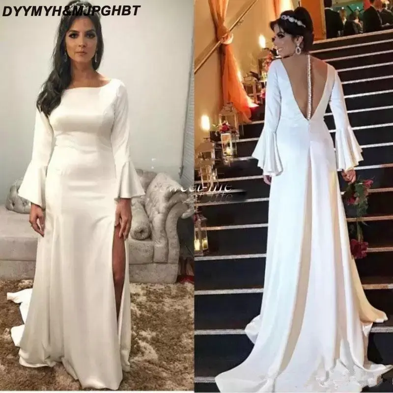 xey Side Split Long Sleeves Wedding Dresses Satin Formal Party Dresses Sheer Back Covered Buttons Bridal Gown wedding gown_