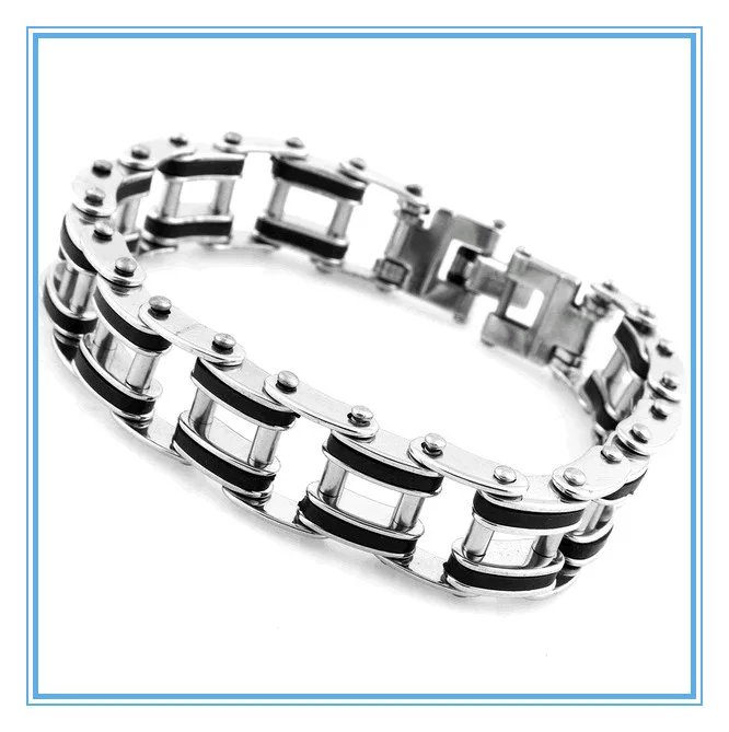 2014 Designer Bracelet for Men Silver Stainless Steel Black Silicone