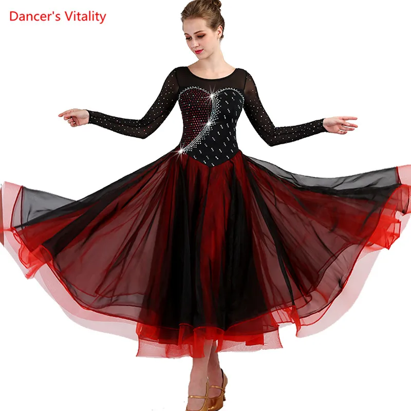 Ballroom Dance Dresses Lady's Long Sleeve Diamond Big Swing Dress Waltz