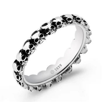 

925 Sterling Silver Skull Skeleton Men Ring Punk Style Stackable Devil Biker Ring for Men Party Fine Jewelry