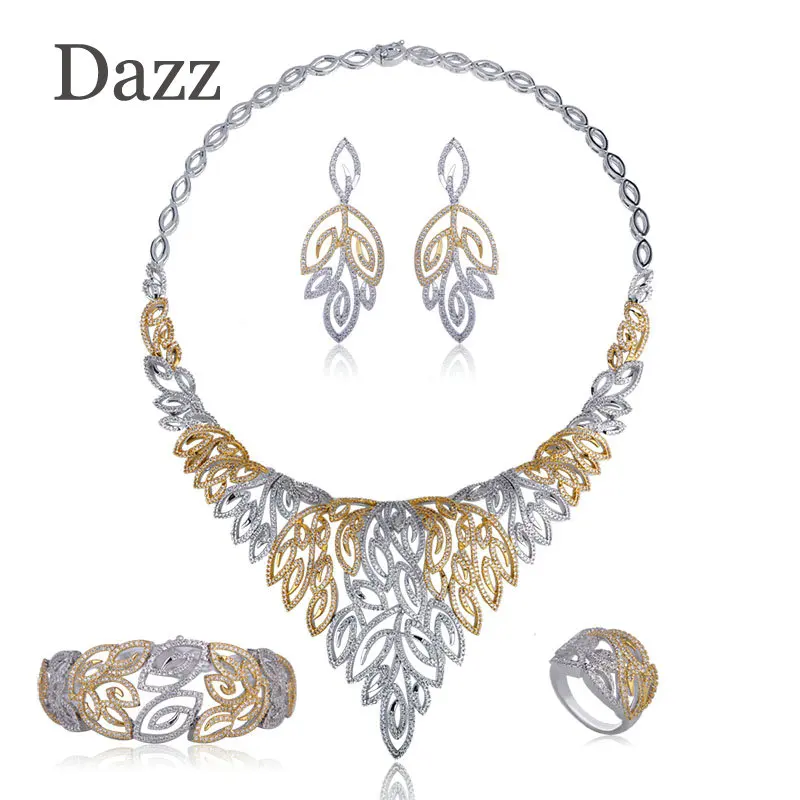 Dazz Luxury Two Tone Color Tree Leaf Shape Necklace Bracelet Earring Ring Set For Women Bridal Wedding Party Full Zircon Jewelry
Dazz Luxury Two Tone Color Tree Leaf Shape Necklace Bracelet Earring Ring Set For Women Bridal Wedding Party Full Zircon Jewelry