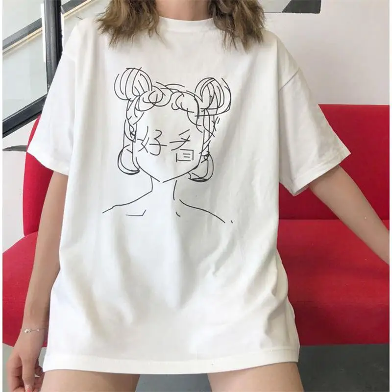 

Yfashion Women Summer Cotton Loose Long T-shirt Round Collar Girl Printing White Cool Street Fashion Girls T Shirts Tee Femme