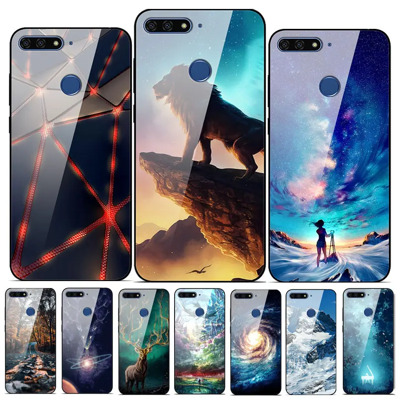

For Huawei Honor 7A Case Tempered Glass Back Hard Cover For Huawei Honor 7C Case honor 7X 7 A C Pro Fashion Cartoon Soft Bumper
