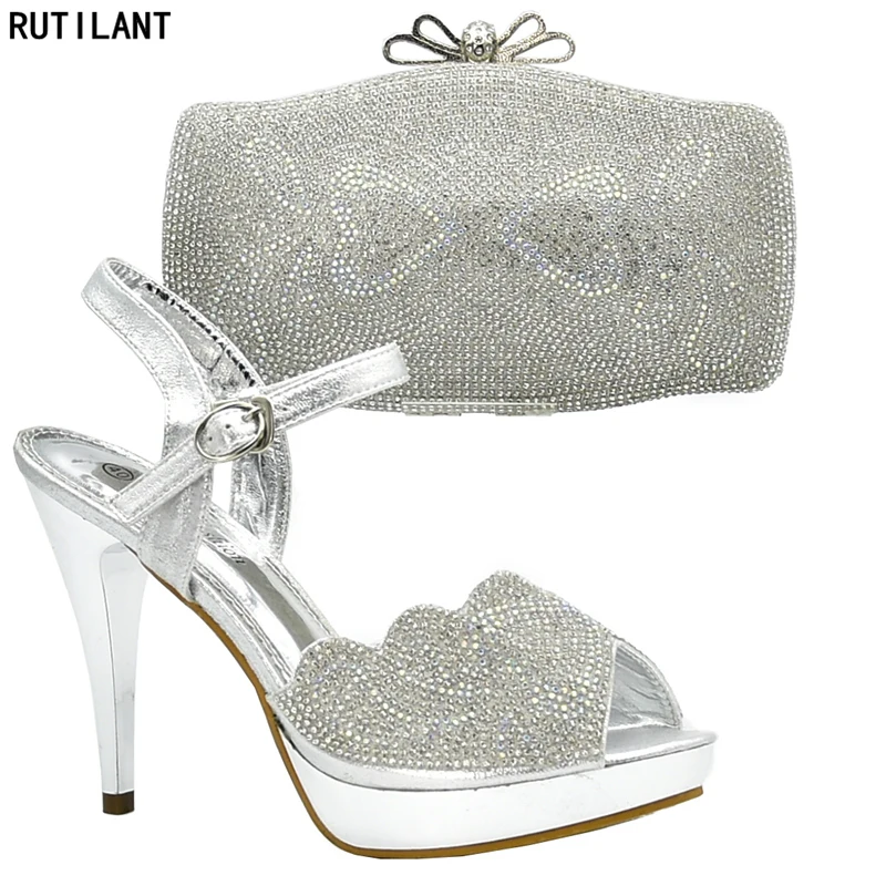 

New Arrival African Matching Shoes and Bags Italian In Women Nigerian Women Wedding Shoes and Bag Set Decorated with Rhinestone