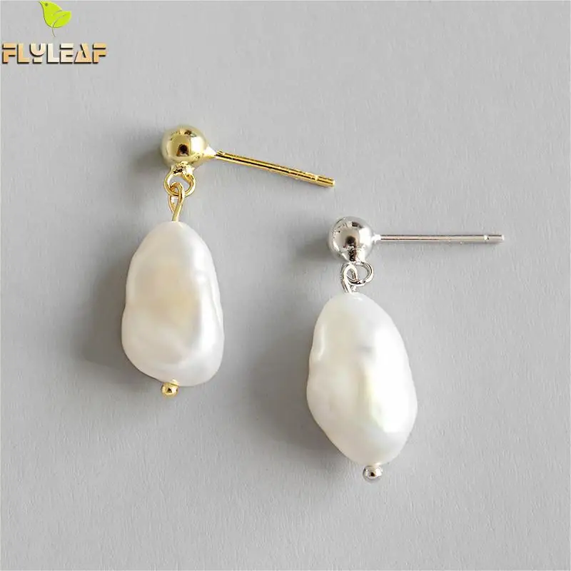

Flyleaf Gold Real 925 Sterling Silver Nature Freshwater Pearl Drop Earrings For Women High Quality Earings Fashion Jewelry Party