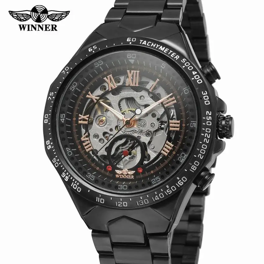 

Winner Watch Men Skeleton Automatic Mechanical Watch Black Skeleton Vintage Man Watch Mens Punk Watch Top Brand Luxury